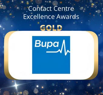 Graphic with a dark blue background and gold accents featuring text reading ‘Contact Centre Excellence Awards – GOLD’, with the Bupa logo displayed in the centre on a white panel.