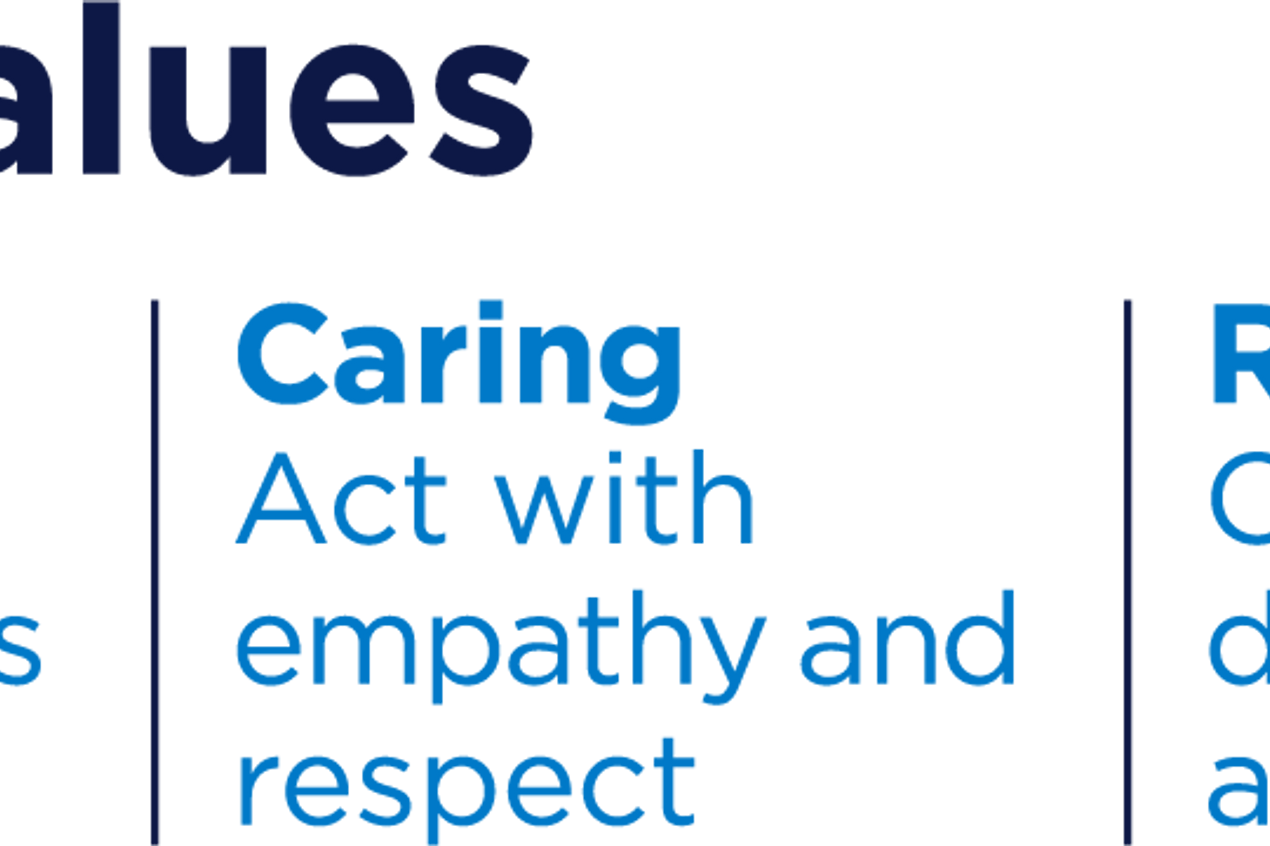 Graphic titled ‘Our values’ featuring three core values: ‘Brave – Make new possibilities happen’, ‘Caring – Act with empathy and respect’, and ‘Responsible – Own your decisions and actions’, displayed in blue text on a dark background